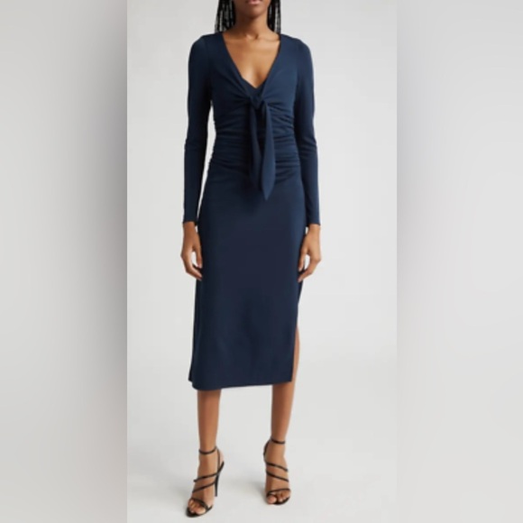 Cinq à Sept Brenna Knot-Tie‎ Gathered Crepe Midi Dress Peacock Blue Sz 8 and 6 - Picture 4 of 8